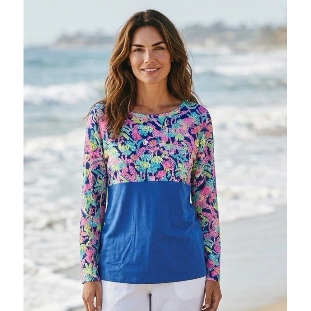 Lilly Pulitzer Finn Top Seen Herd Oyster Bay Blue Shirt Size XXL 2XL Plus LS Tee